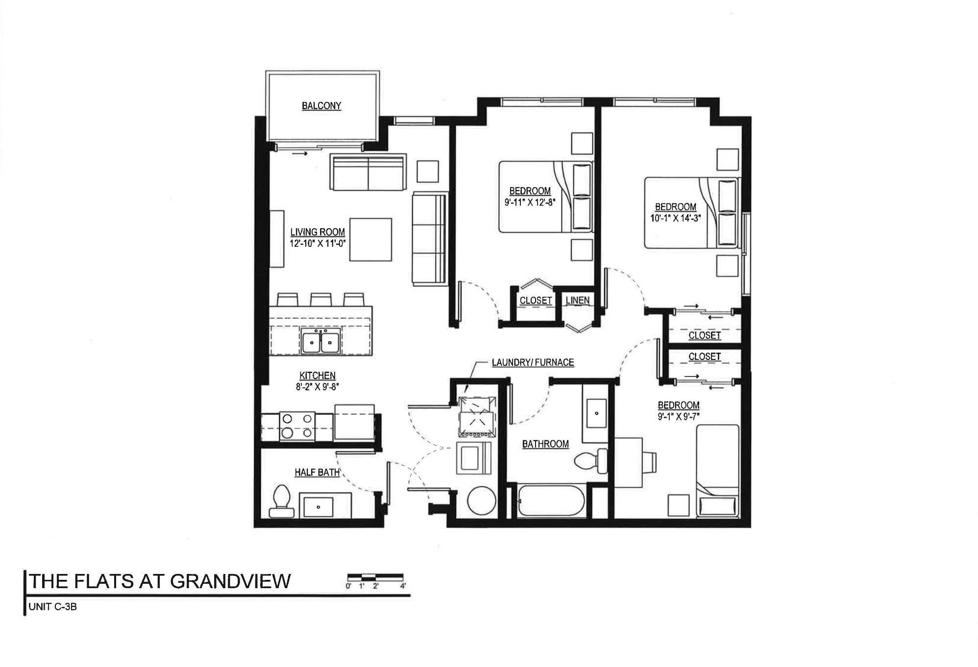 Floor plan for 3 beds, 1.5 baths, 1165 sqft